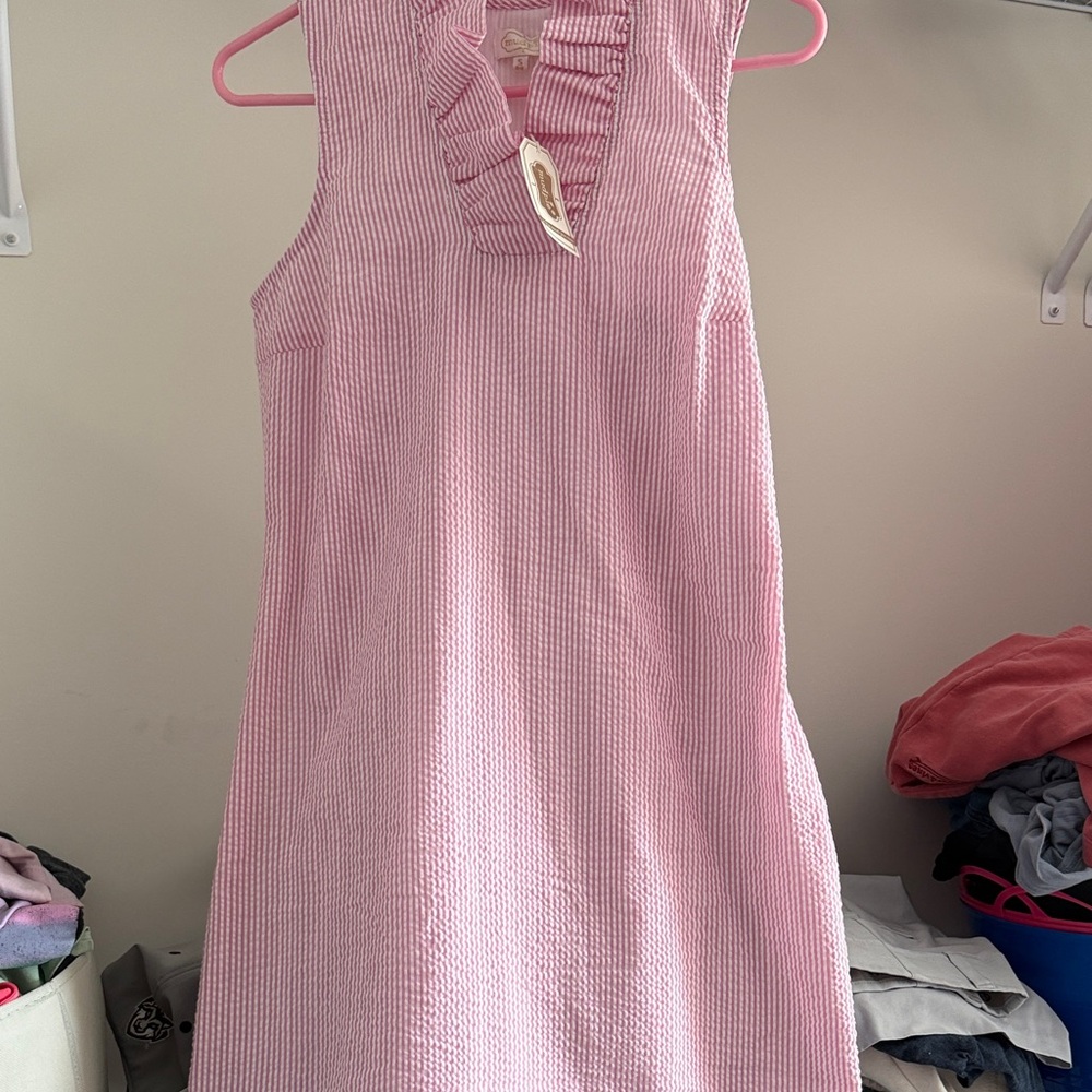 Womens Pink Ruffle Seersucker Dress